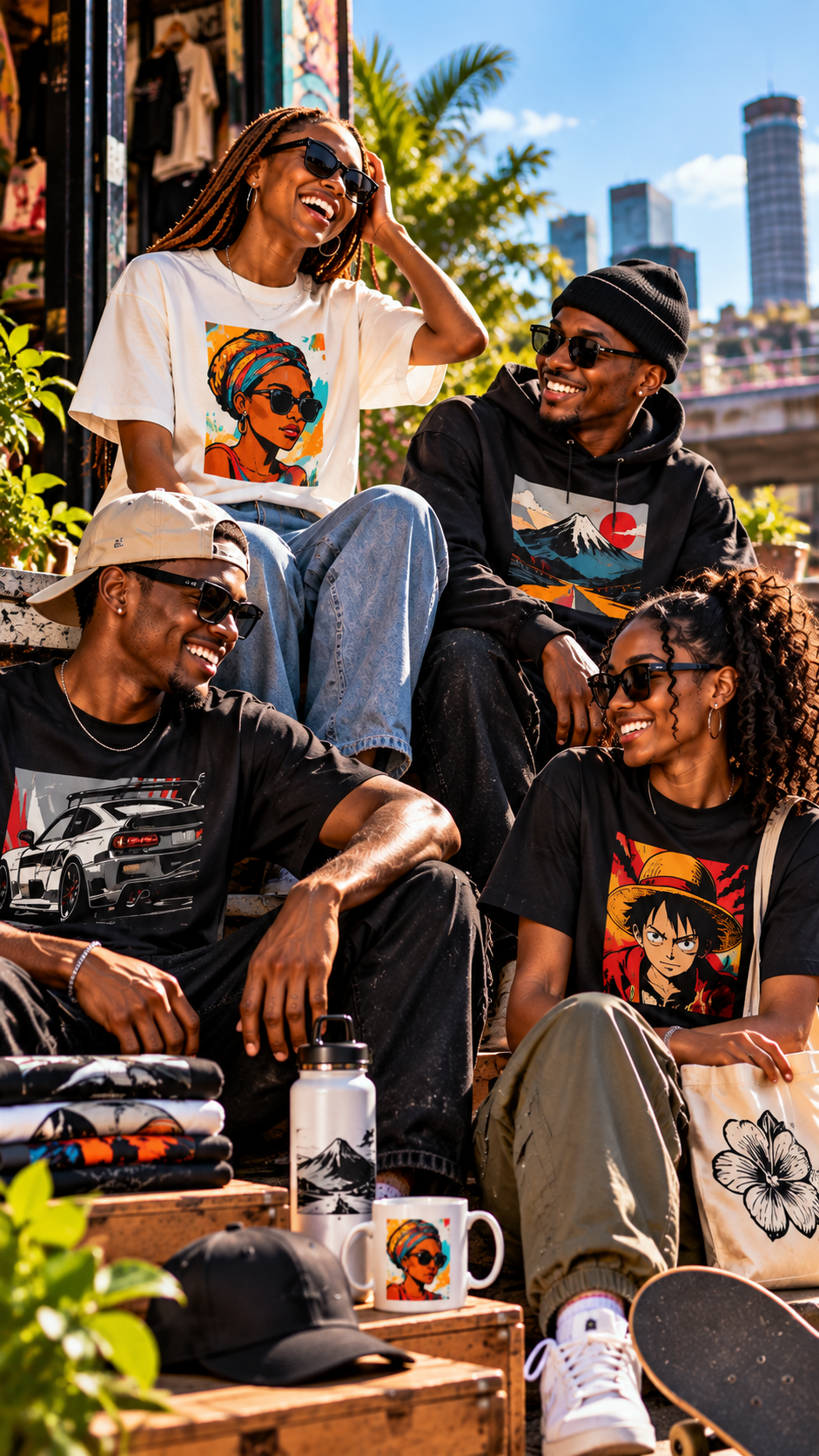 Four friends wearing custom graphic T-shirts and a hoodie outdoors