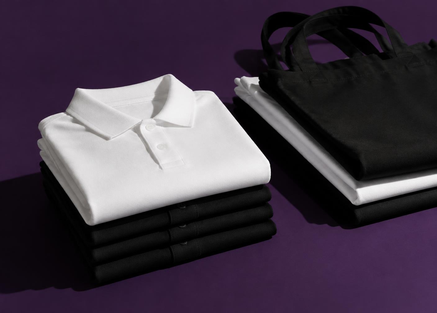 Folded white and black polo shirts and totes on a purple surface