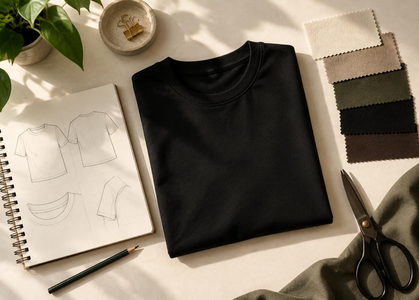 Black T-shirt beside a design sketchbook and fabric swatches