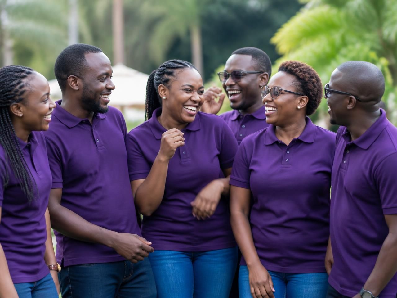 Six colleagues in matching purple polo shirts laughing together at an outdoor event
