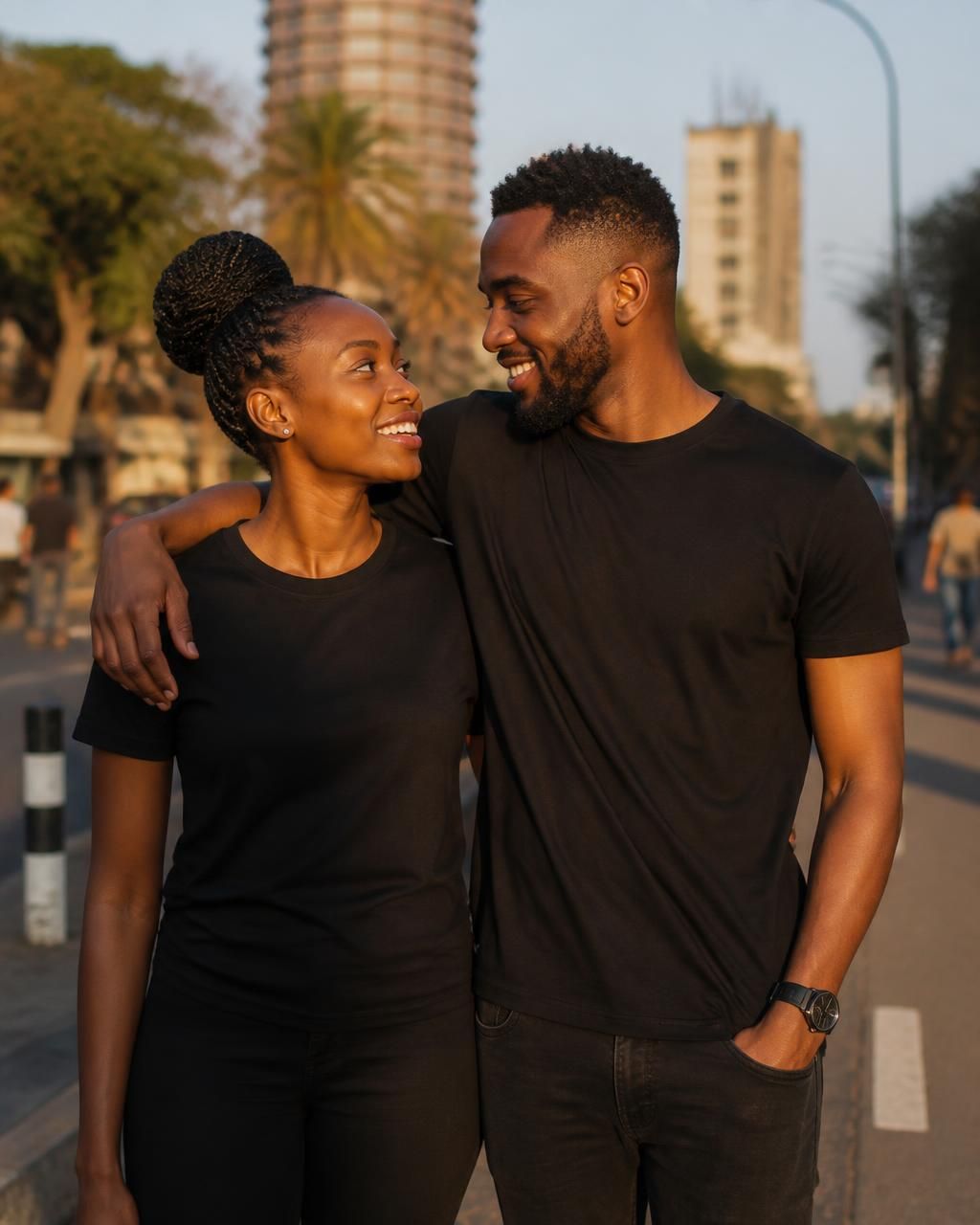 Couple in matching black T-shirts smiling at each other on a Nairobi street at golden hour