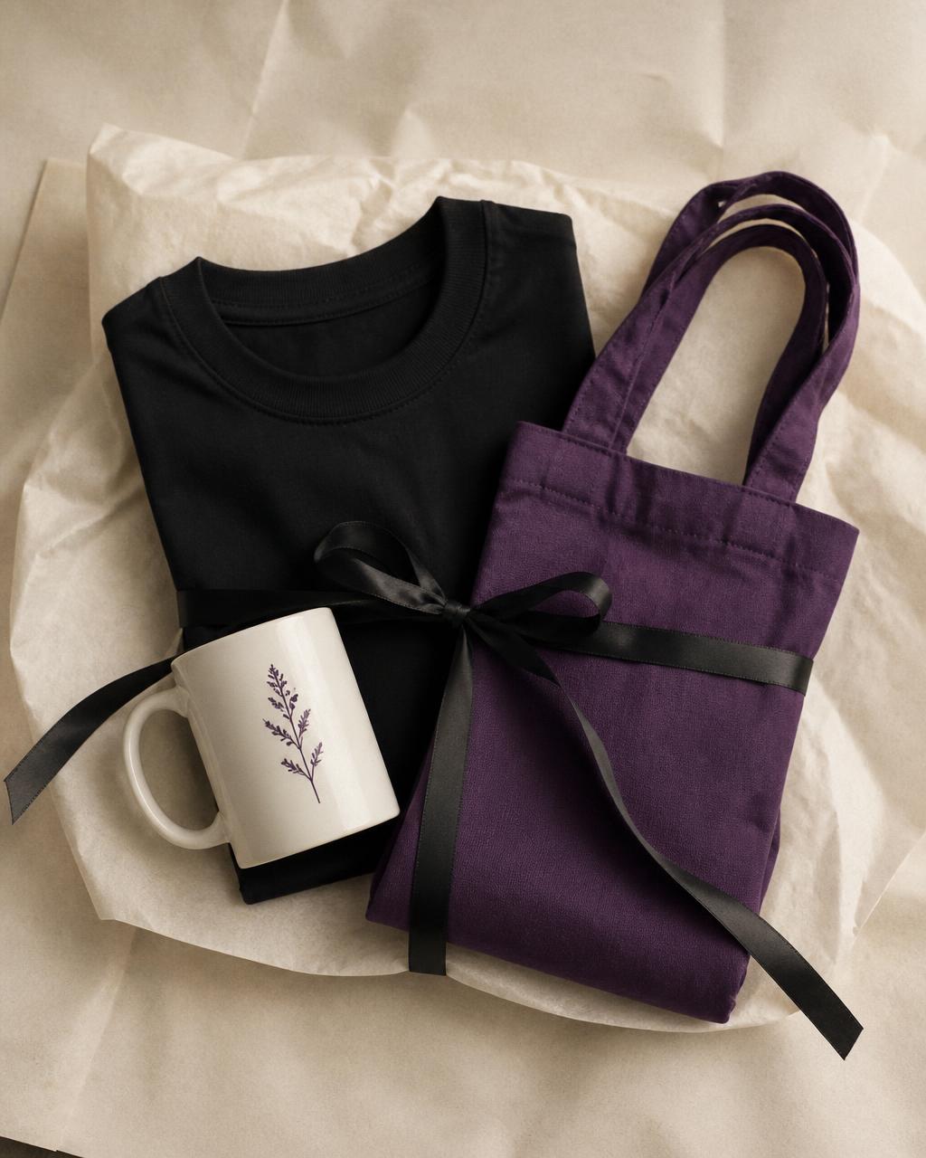 Gift set of a mug and folded T-shirt